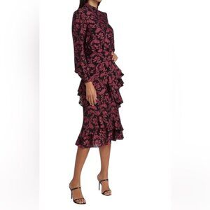 Saloni Isa Mock-Neck Floral-Print Silk Midi Dress size 2 brocade gold and red